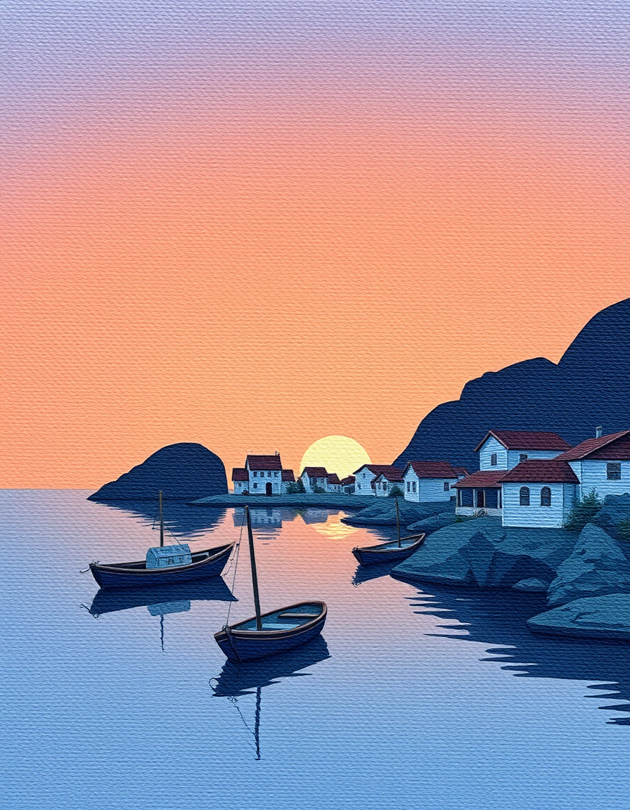 Main painting studio: a small fishing village at dawn, paper-grain texture
