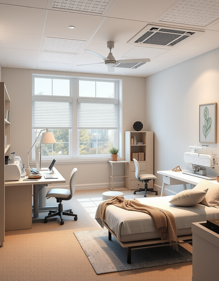 Room Design idea: AI room design, full room layout furniture and lighting, photorealistic interior render, 12 deep room by 5 wide, 9 foot ceiling, no windows, with two 
