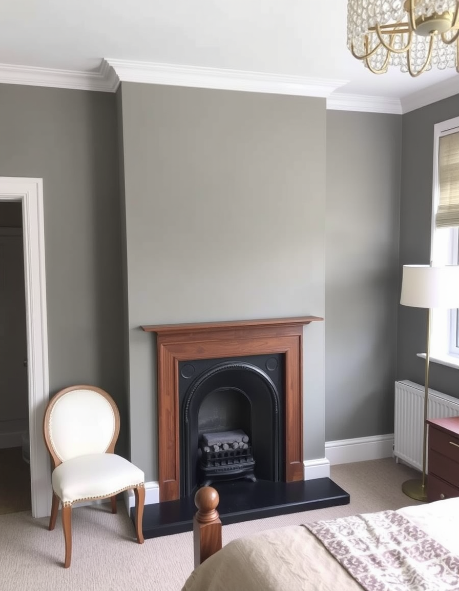 Main painting studio: paint a bedroom with these colours. Paint Large walls with St. Swithin fleetwood matt paint. Paint Chimney breast wall with St. Swithin fleetwood matt