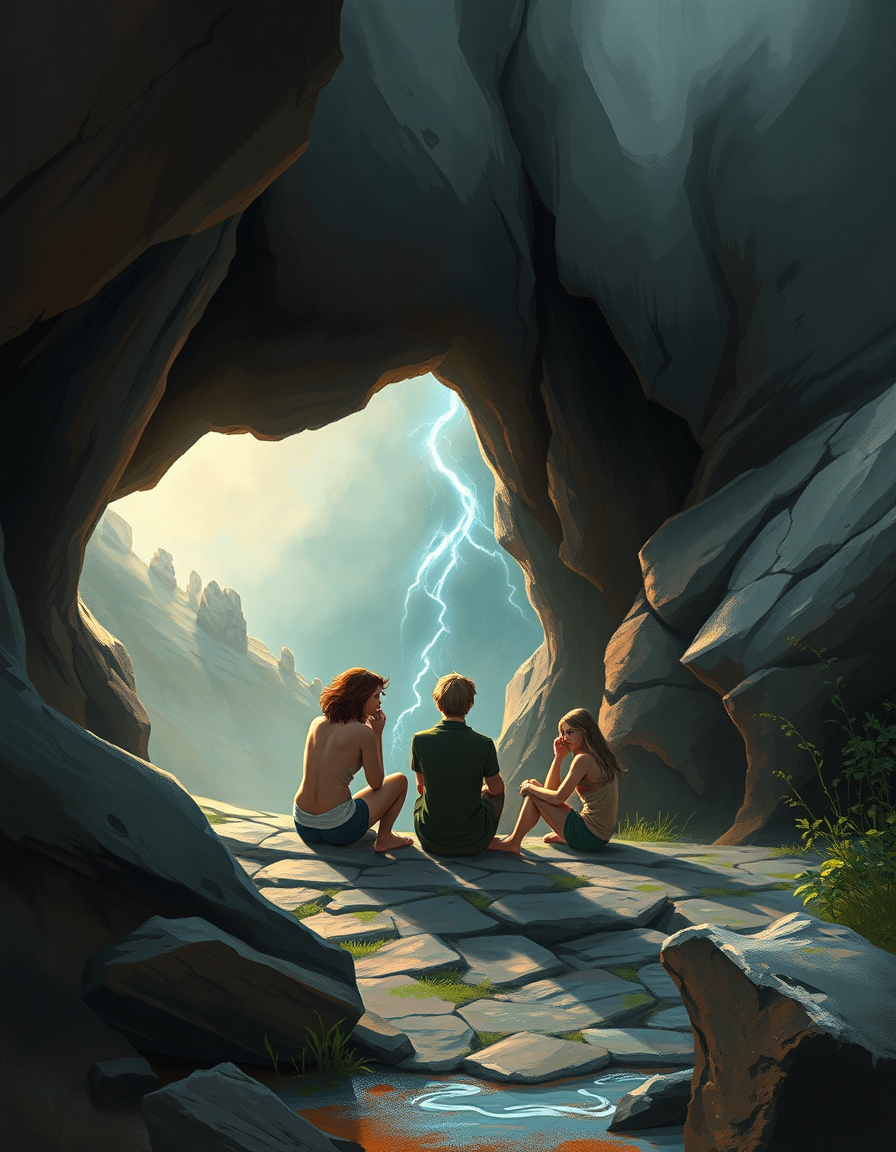 Book Covers idea: cover-ready concept art organized around genre, focal point, and title-safe space, deliberate composition, aI three friends in a cave sheltering from