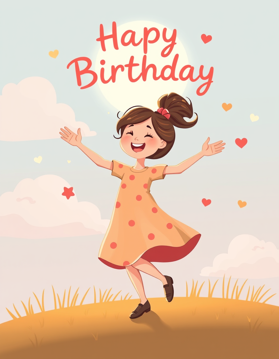 Greeting Cards idea: greeting card design, warm illustration, space for message, Birthday greeting card featuring a happy girl danceing under sky, cartoon style. , printab