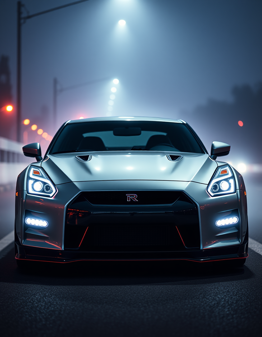Main painting studio: cover-ready concept art, single focal figure, cinematic light of nissan gtr a book cover