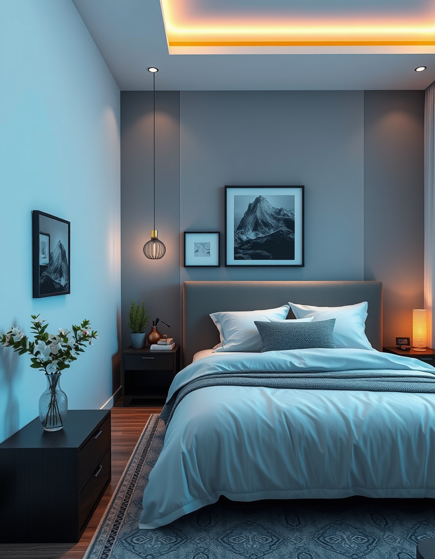Bedroom Design idea: AI bedroom design, bed layout decor and lighting, photorealistic interior render, غرفة نوم بطراز اسكندنافي تضم لحافاً من الكتان، وإطار سرير من خشب الب