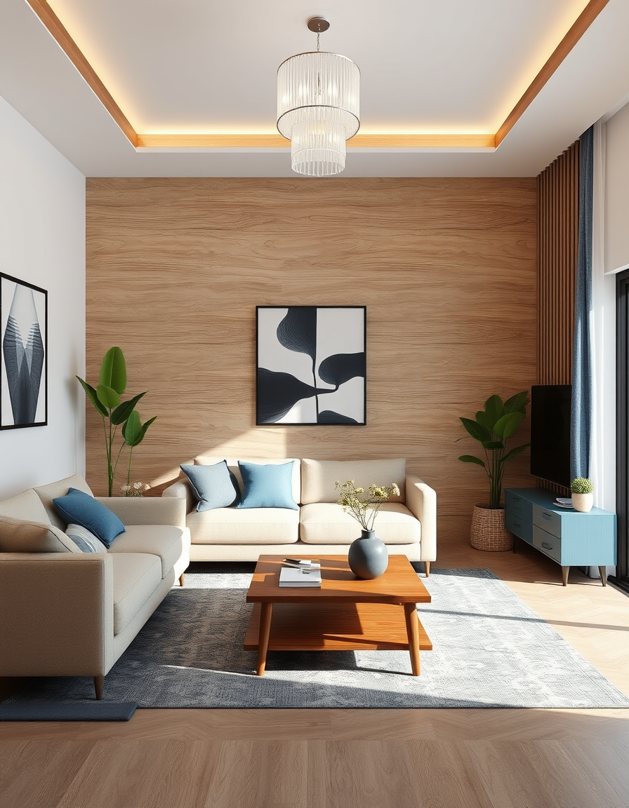 Interior Design idea: AI interior design, cohesive furniture layout decor and lighting, photorealistic interior render, un salón familiar de estilo costero con madera blanq