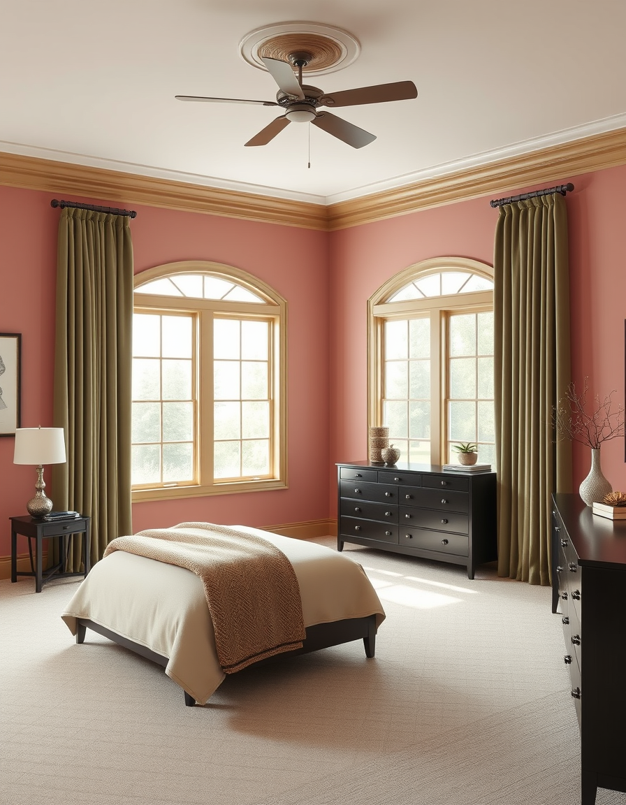 Paint Color idea: room repainted in a new wall color from the photo, accurate paint finish, photorealistic interior render, master bedroom with walls painted rachel pin