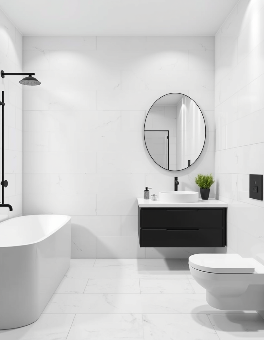 AI Bathroom Design idea created from the prompt: AI bathroom design, tiled surfaces vanity and fixtures, photorealistic interior render, minimalist bathroom with matte black fixtures, large