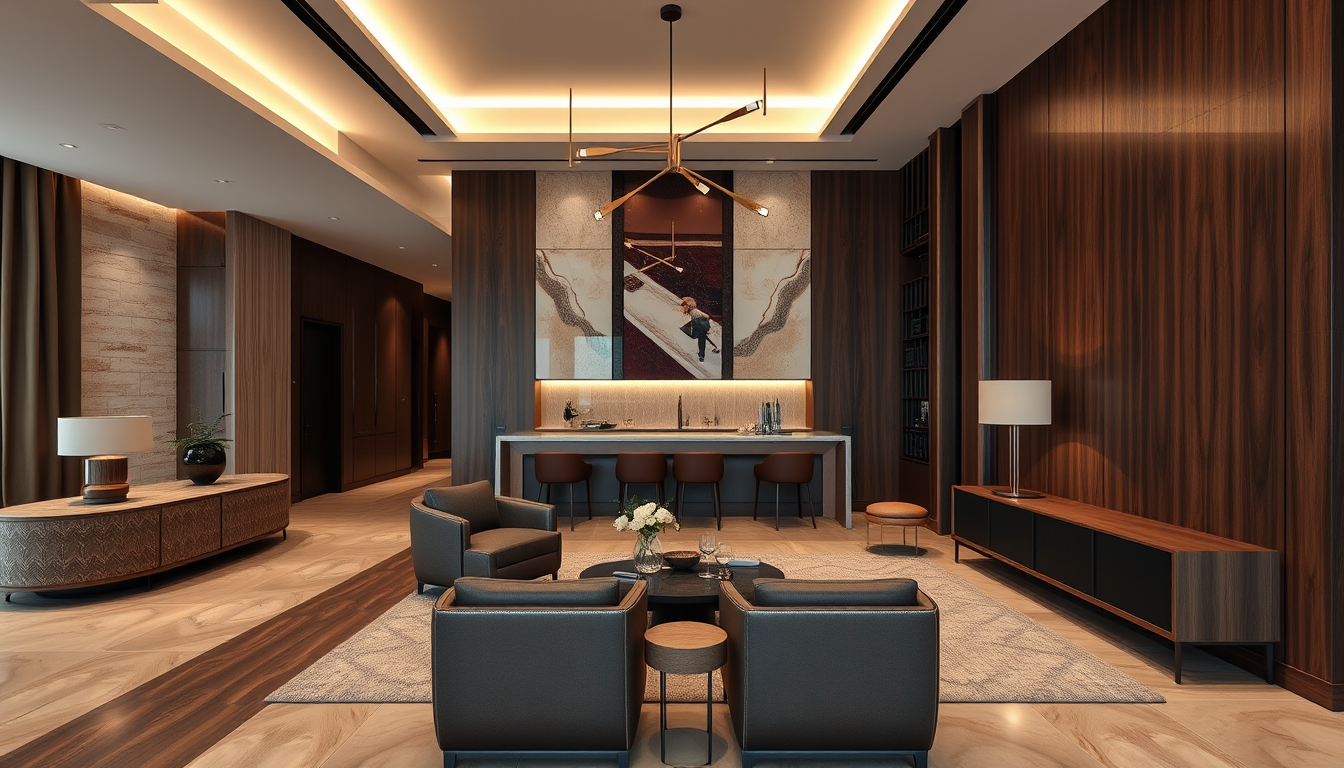 Main painting studio: High-end contemporary luxury apartment interior, rich dark walnut wood, warm beige marble, muted burgundy accents, custom-designed furniture, sculptur