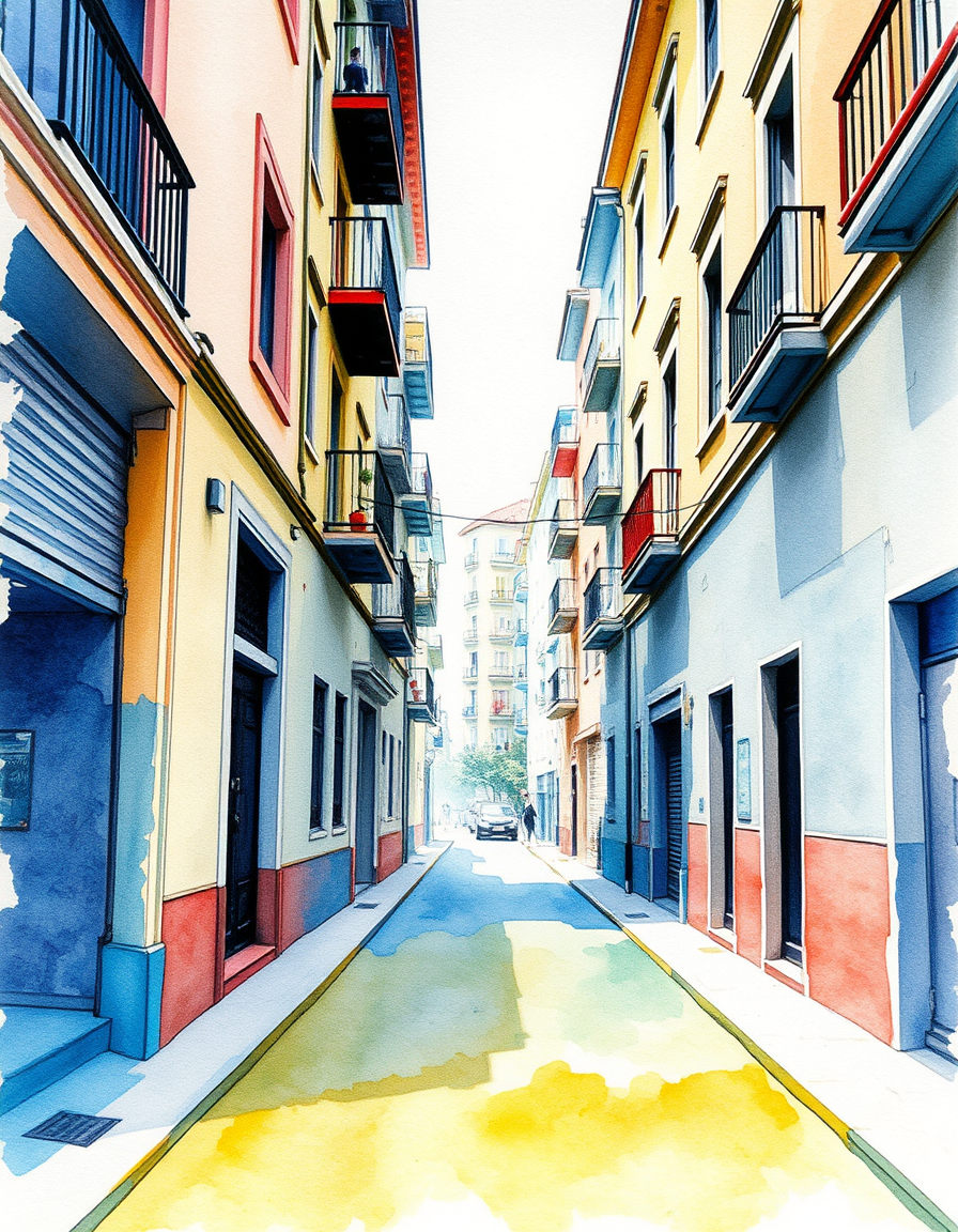 Picture Into Watercolor idea: turn picture into watercolor, transparent washes, paper texture, soft pigment edges, Una foto de calle urbana convertida en acuarela, reflejos lluvios