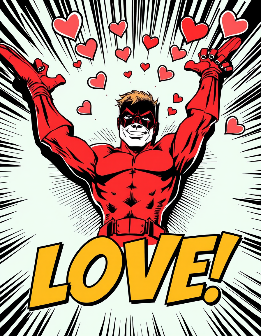 Comic Art idea: comic art, bold ink lines, halftone shading, dynamic composition, A cheeky comic-book illustration of a masked red-and-black superhero lying dramatica