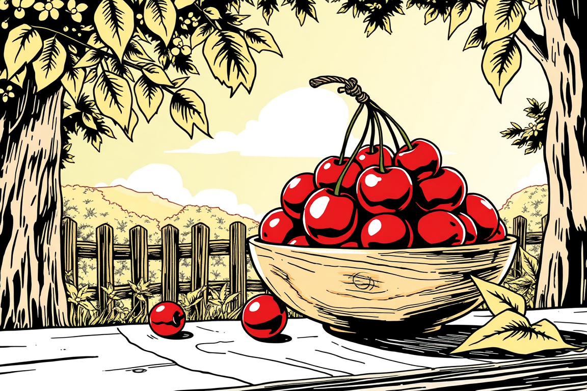 Comic Art idea: comic art, bold ink lines, halftone shading, dynamic composition, a wooden bowl of cherries, warm afternoon sun , graphic novel illustration, comic pa