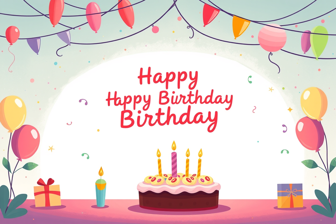 Greeting Cards idea: greeting card design, warm illustration, space for message, Birthday greeting card front page featuring a birthday party, cartoon style. , printable g