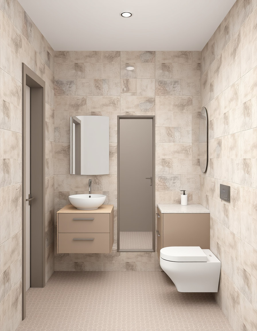 AI Bathroom Design idea created from the prompt: AI bathroom design, tiled surfaces vanity and fixtures, photorealistic interior render, a square shaped empty bathroom where the door is not