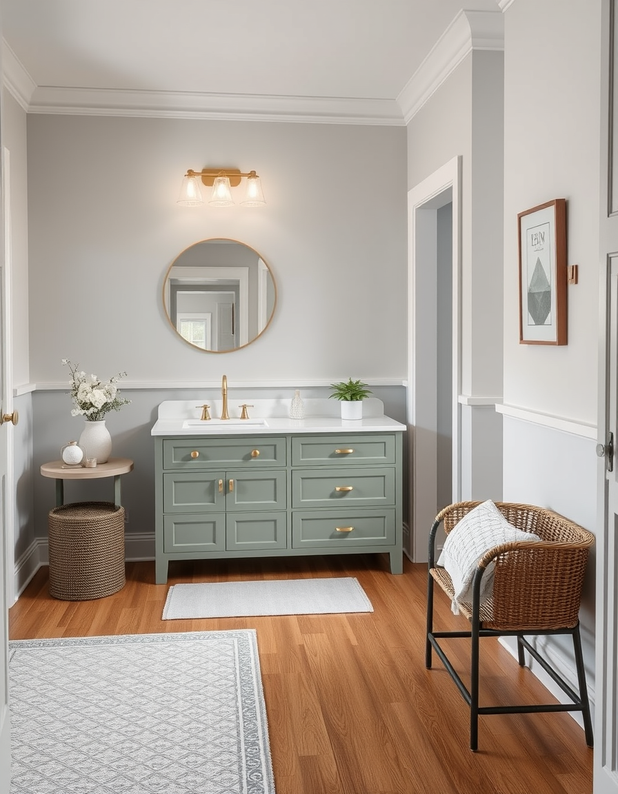 Paint Color idea: room repainted in a new wall color from the photo, accurate paint finish, photorealistic interior render, Pearl gray sherwin-williams bathroom with al