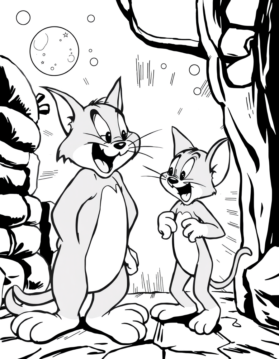 Comic Art idea: comic art, bold ink lines, halftone shading, dynamic composition, tom and jerry jerry tells tom secret , graphic novel illustration, comic panel ready