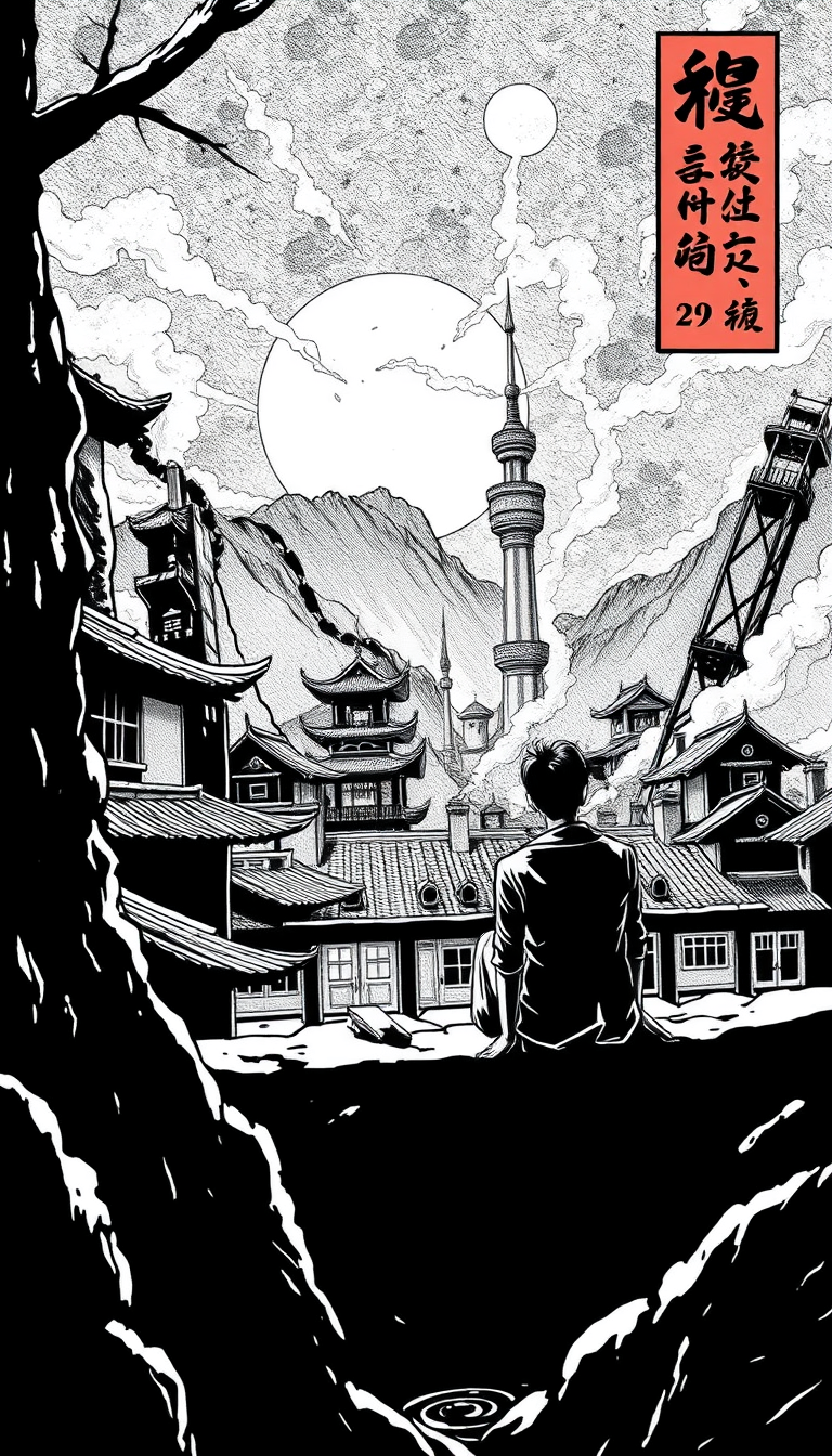 Comic Art idea: comic art, bold ink lines, halftone shading, dynamic composition, ein chinese sitzt im reisfeld , graphic novel illustration, comic panel ready