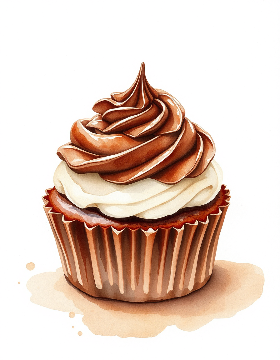 Picture Into Watercolor idea: turn picture into watercolor, transparent washes, paper texture, soft pigment edges, Chocolate cake with chocolate topping , delicate watercolor paint