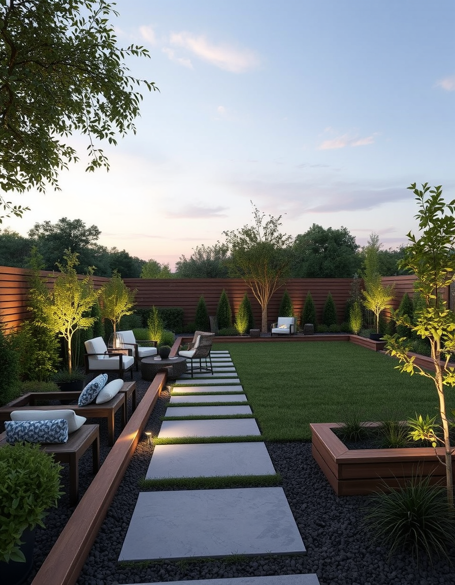 Landscape Design idea: AI landscape design, yard layout plants hardscape and lighting, photorealistic render, paysage contemporain avec bordures en bois horizontales, planta