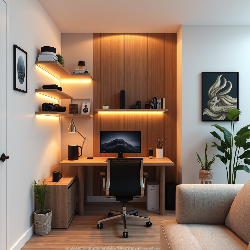 Interior Design idea: AI interior design, cohesive furniture layout decor and lighting, photorealistic interior render, Design a small, professional home photography and vi