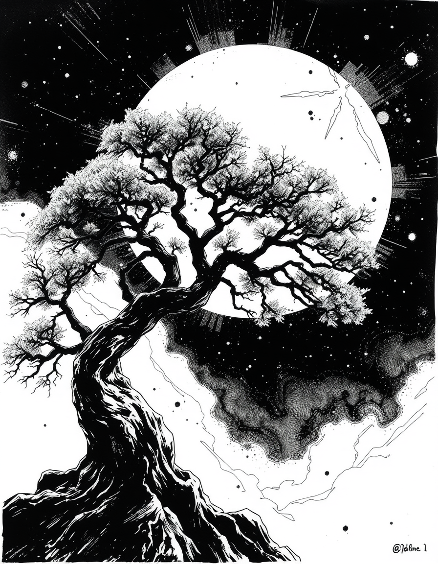 Comic Art idea: comic art, bold ink lines, halftone shading, dynamic composition, japanese tree abstract art , graphic novel illustration, comic panel ready