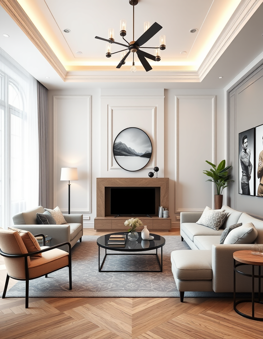 AI Room Design idea created from the prompt: AI room design, full room layout furniture and lighting, photorealistic interior render, living room with benjamin moore oc-20 , room design
