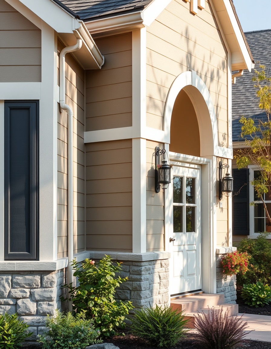 Exterior Paint idea: home exterior paint visualization, preserve architecture and landscaping, recolor siding trim and front door, exterior house with sandy beach stucco,