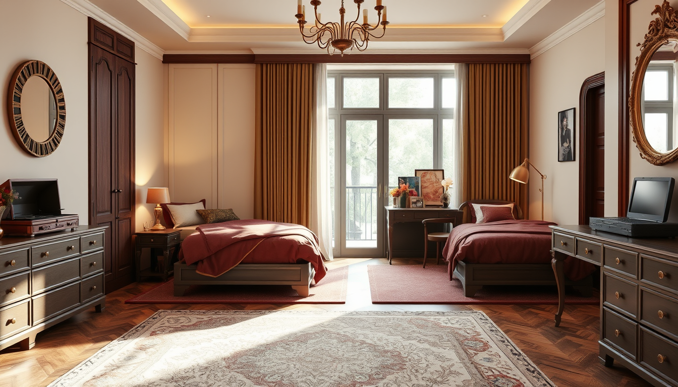 Interior Design idea: AI interior design, cohesive furniture layout decor and lighting, photorealistic interior render, Photorealistic 20sqm bedroom for 2 female students.