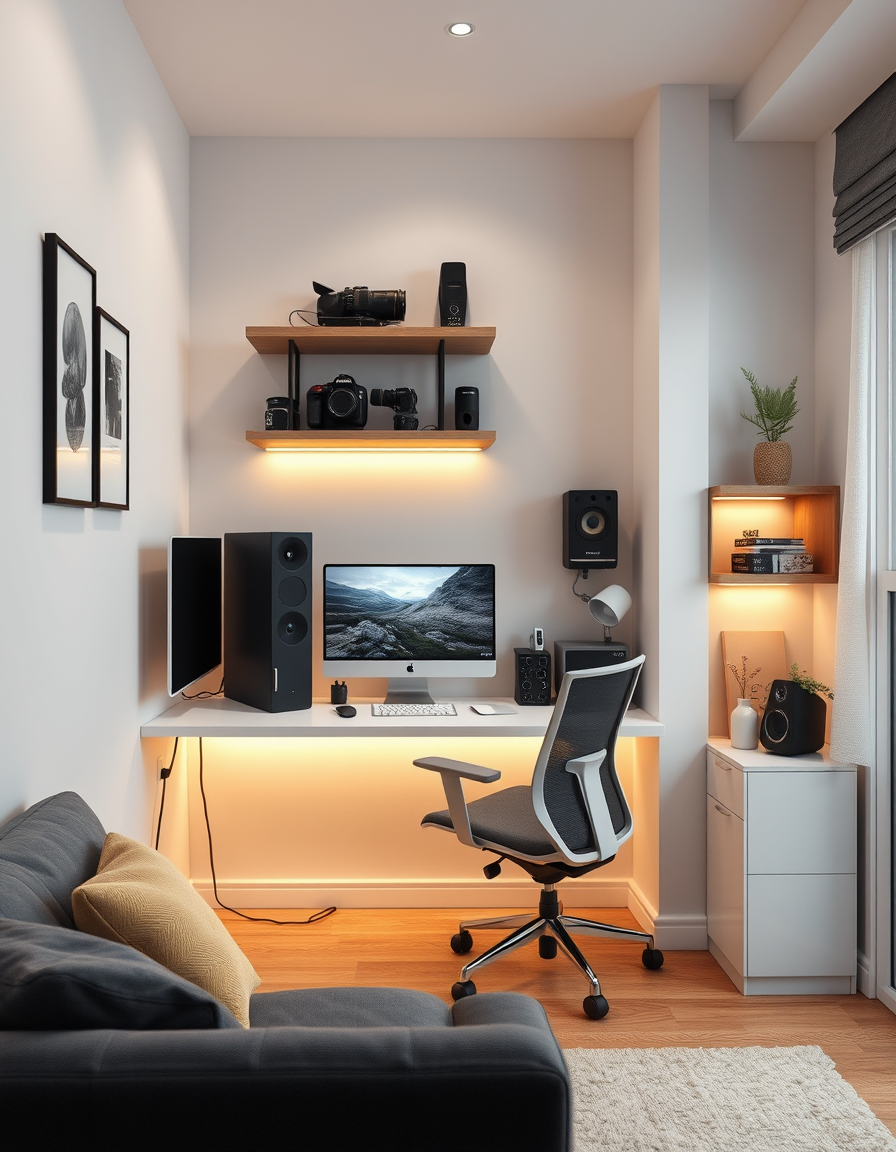 Interior Design idea: AI interior design, cohesive furniture layout decor and lighting, photorealistic interior render, > **Small affordable home photo/video editing room, 
