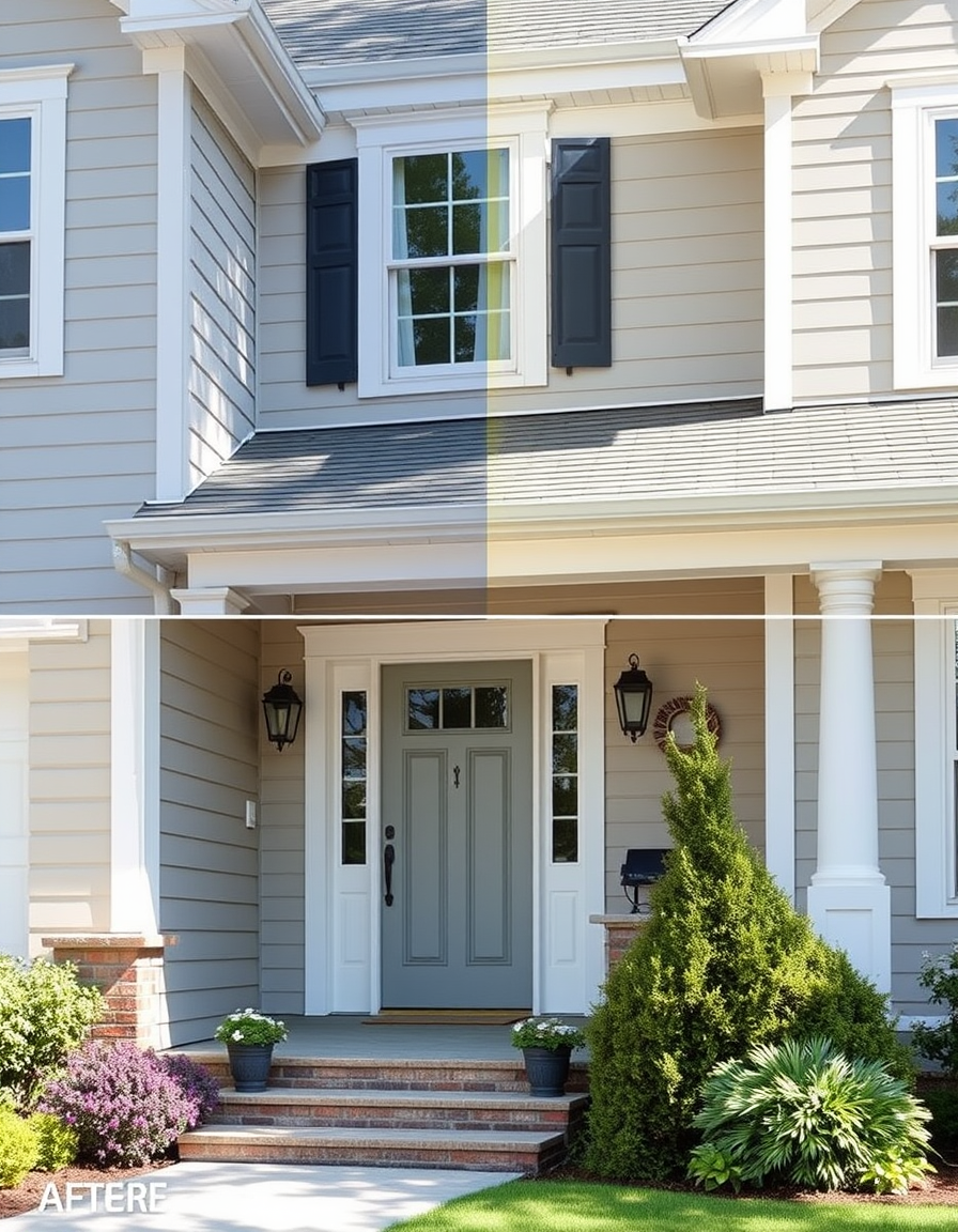 Exterior Paint idea: home exterior paint visualization, preserve architecture and landscaping, recolor siding trim and front door, Upload , realistic exterior paint previe