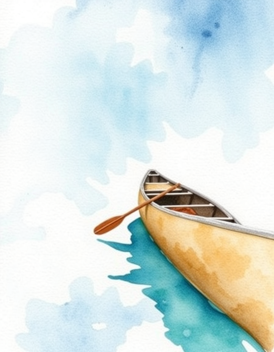Watercolor idea: watercolor painting, soft transparent washes, wet-on-wet bleeds, paper texture visible, Native American Sinixt Arrow Lakes Sturgeon nose canoe , delic