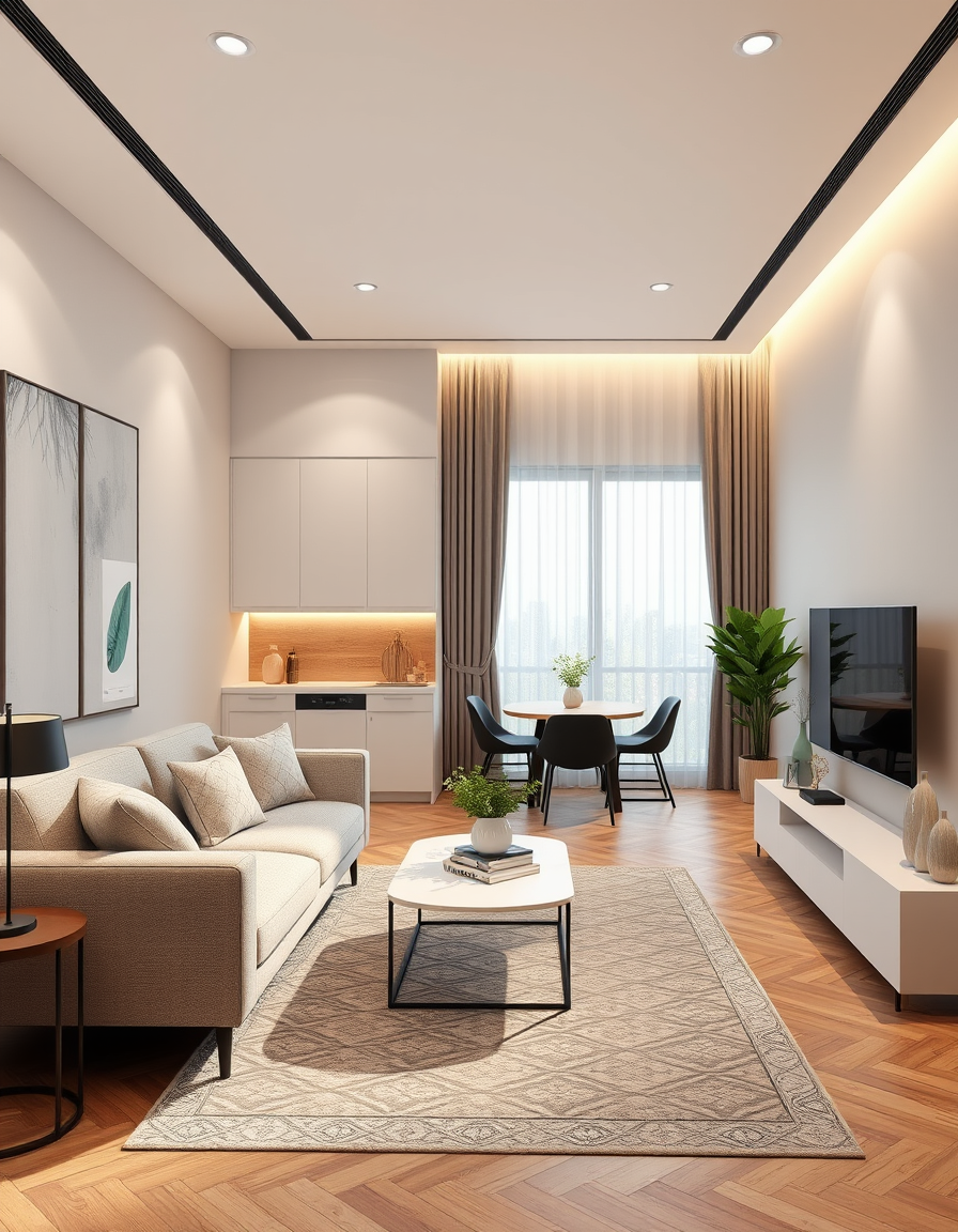 Interior Design idea: AI interior design, cohesive furniture layout decor and lighting, photorealistic interior render, Design a room. Kitchen, dinning room and livingroom 