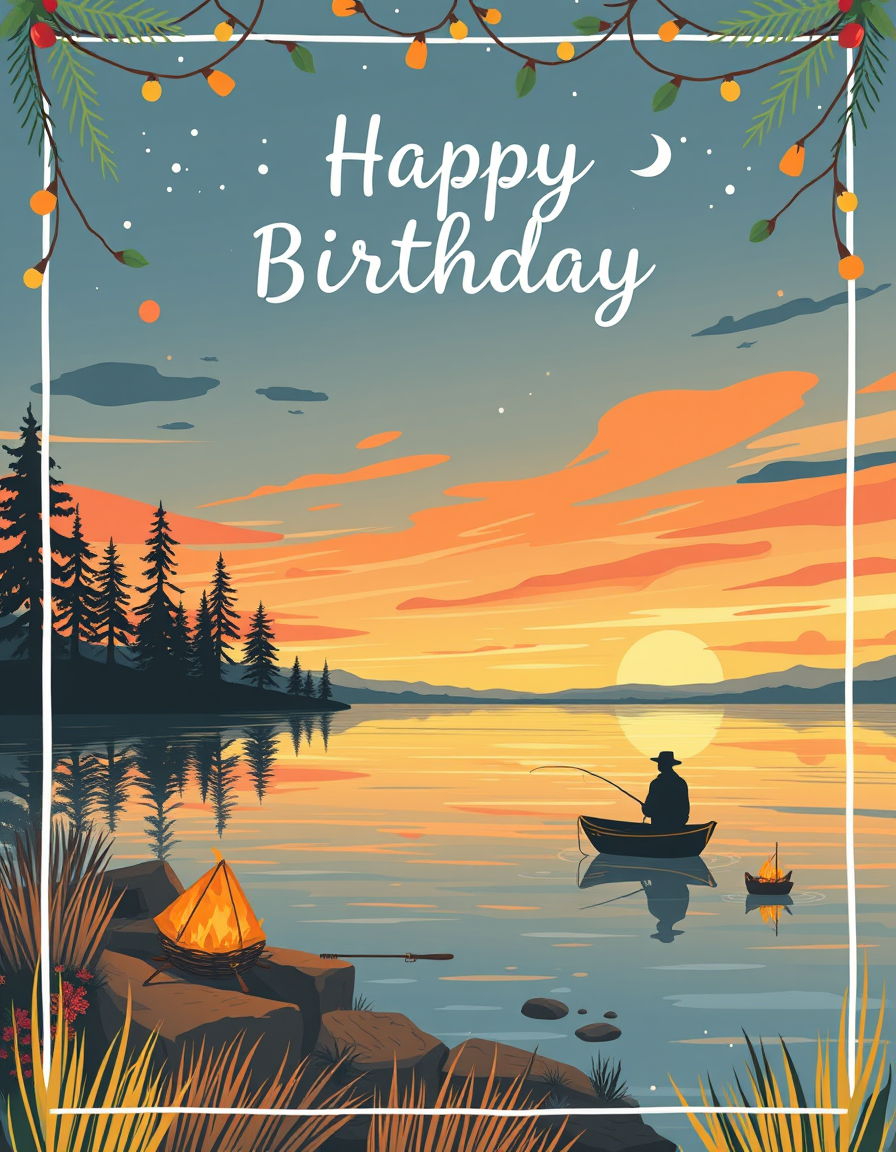 Birthday Cards idea: birthday card design, cheerful festive artwork, space for greeting, a birthday card for a christian man who loves fishing at the lake at sunet and cam