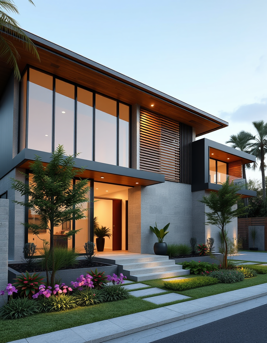 House Exterior Design idea: AI house exterior design, facade materials roofline and landscaping, photorealistic render, casa contemporânea com grandes painéis de vidro, telhado p