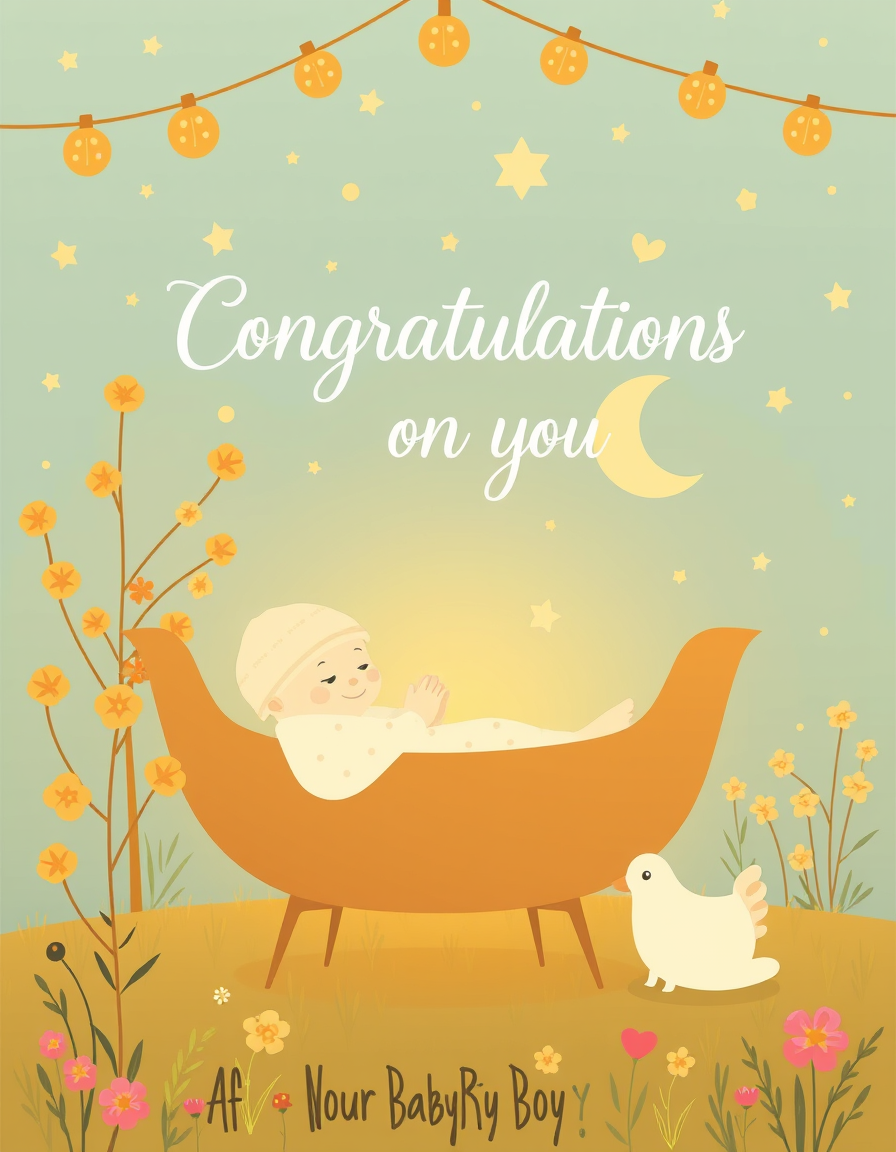 Greeting Cards idea: greeting card design, warm illustration, space for message, congratulations on your baby boy , printable greeting card