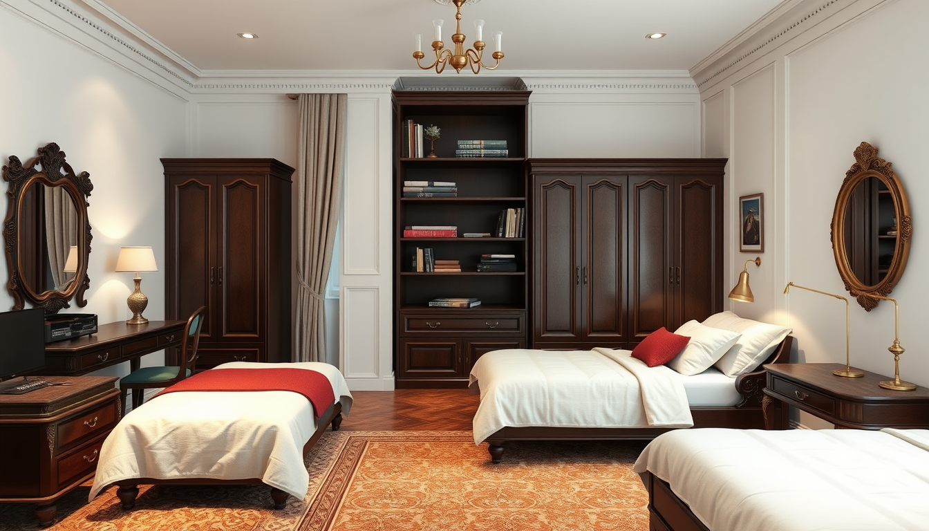Interior Design idea: AI interior design, cohesive furniture layout decor and lighting, photorealistic interior render, Photorealistic 20 sqm white bedroom for 2 female stu