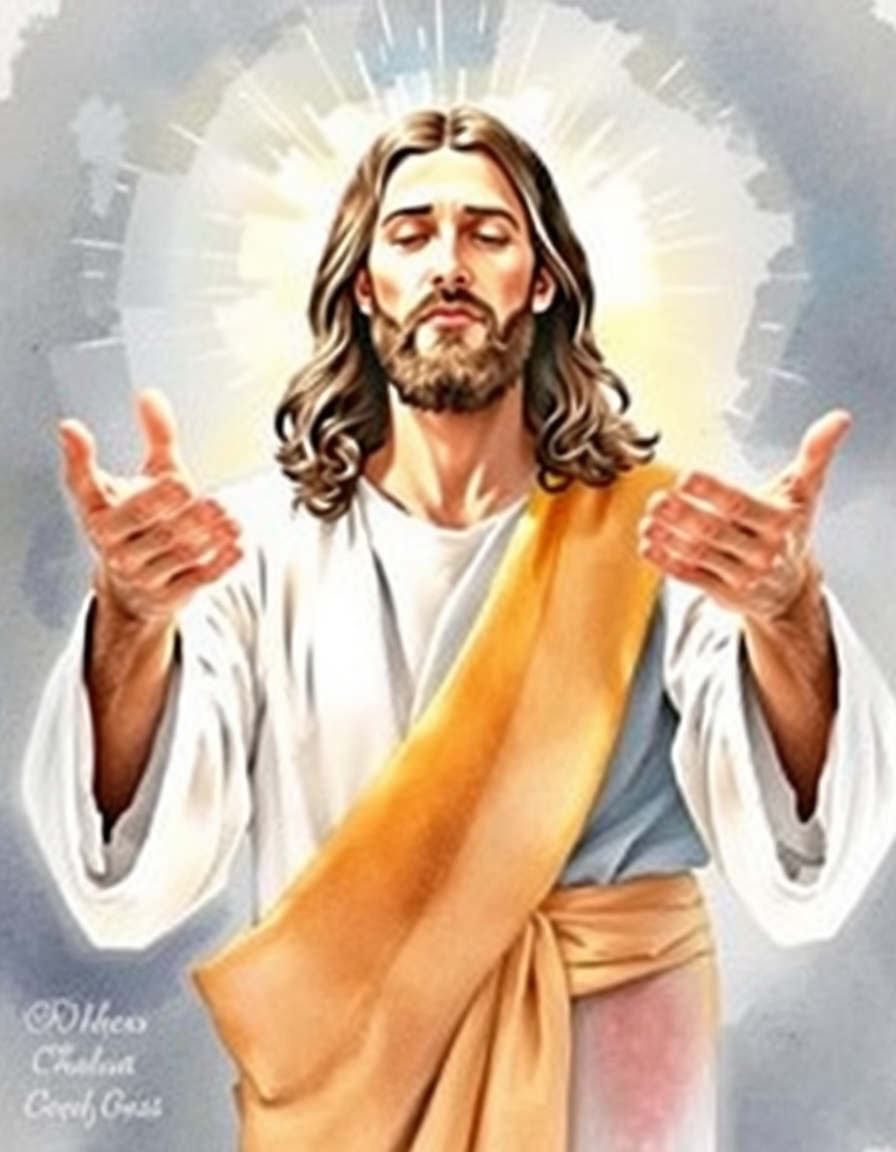 Main painting studio: Watercolor of Jesus with hands outstreched with light coming from His Face, white robe, gold sash below the breast bone, scars in His wrists