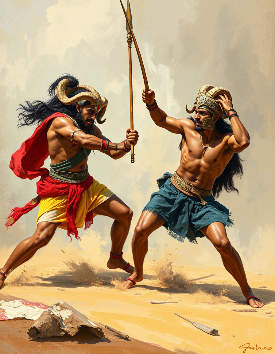 Turn Photo Into Paintings idea: a source photo redrawn with visible physical brushwork, deliberate composition, raavan with ram fighting , polished painting, coherent details, clean