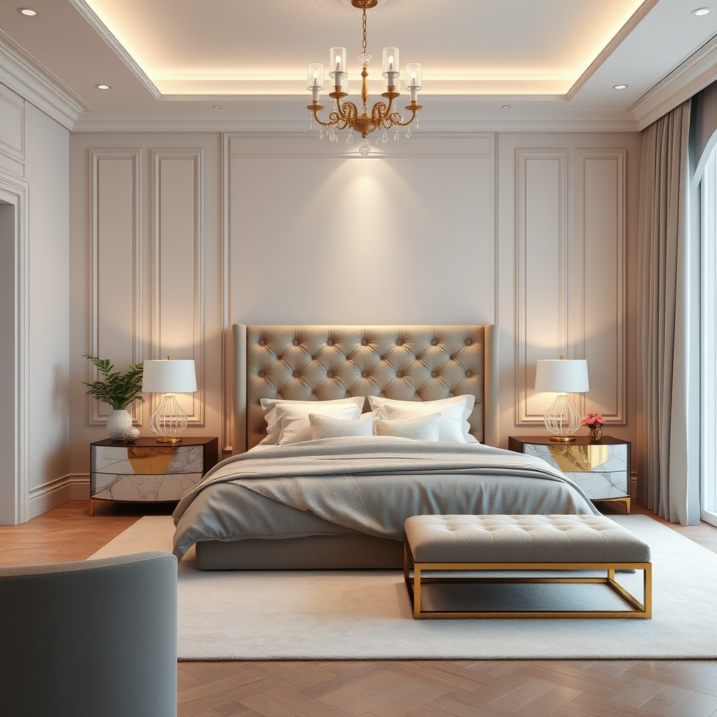 Interior Design idea: AI interior design, cohesive furniture layout decor and lighting, photorealistic interior render, a luxury master bedroom with tufted headboard, marbl