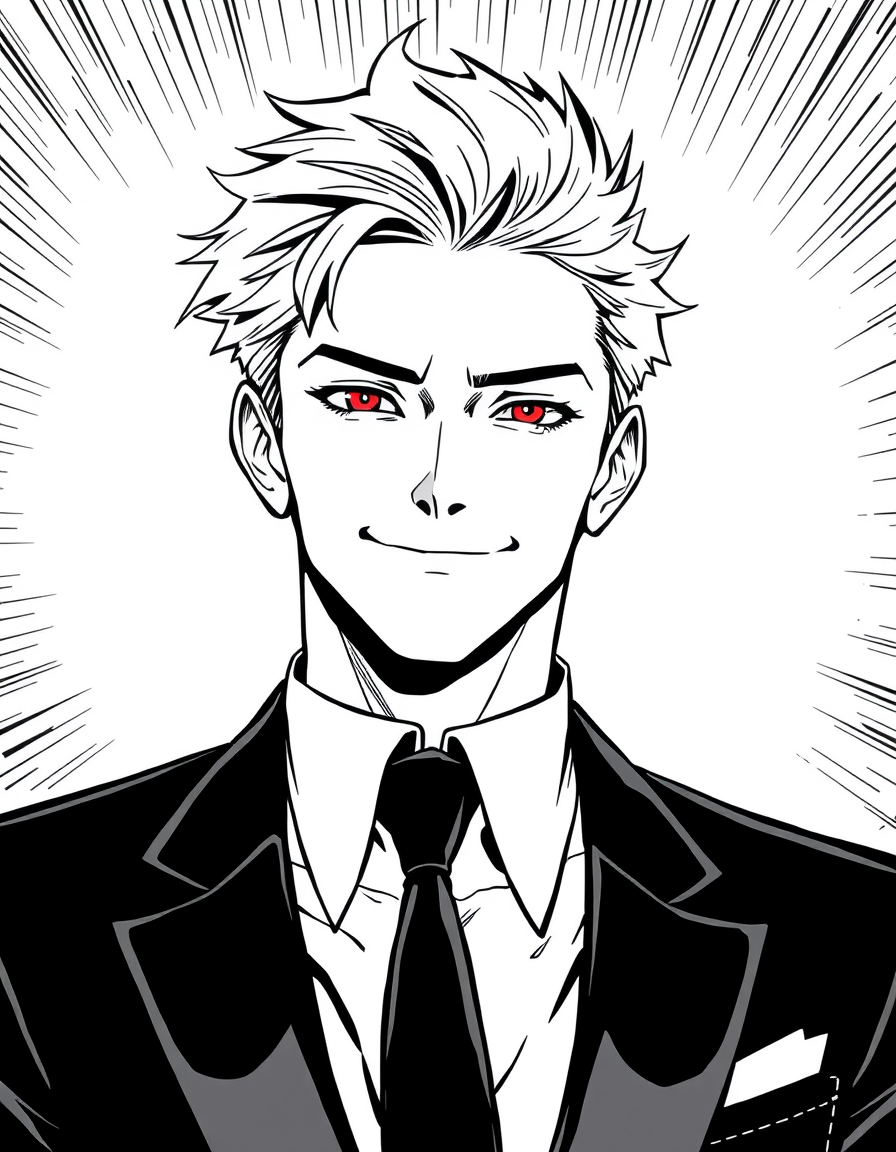 Comic Art idea: comic art, bold ink lines, halftone shading, dynamic composition, A tall, white-haired boy with red eyes and a kind smile on his face; handsome and we