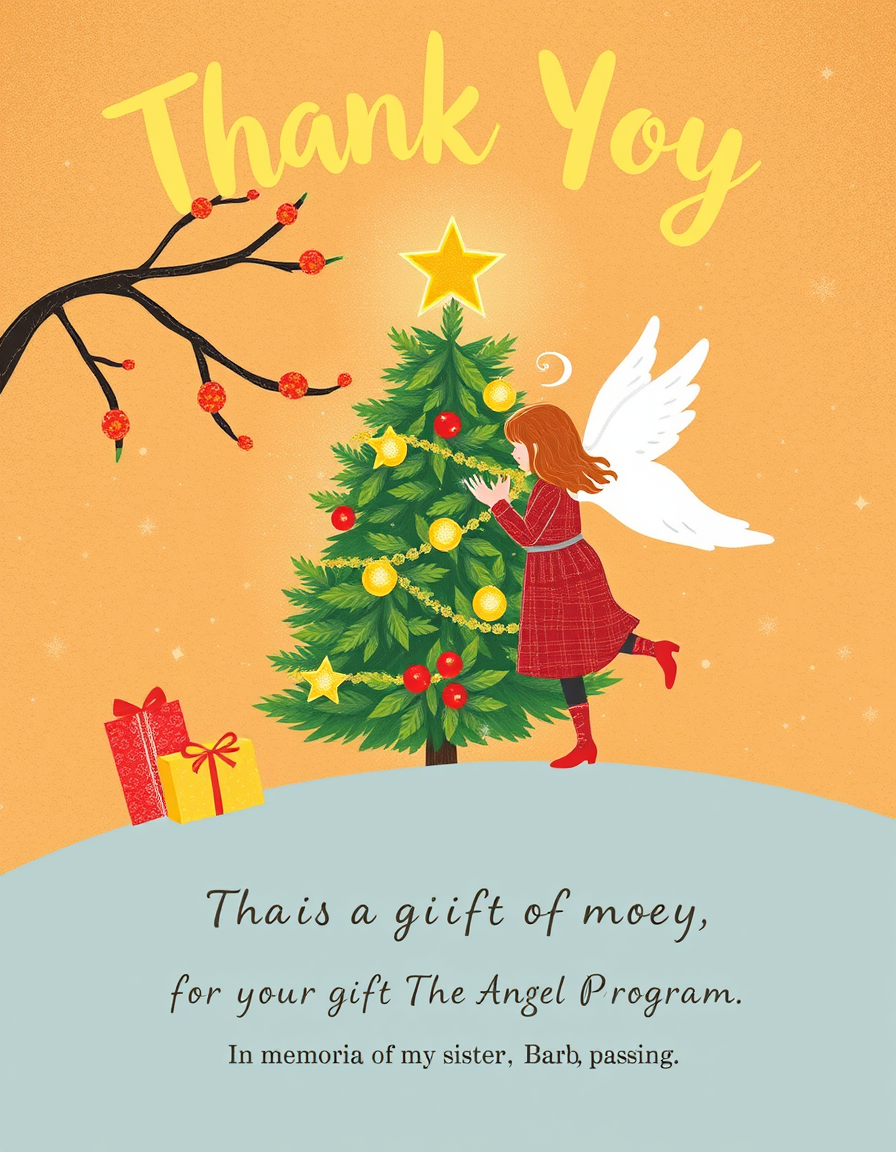 Greeting Card idea created from the prompt: greeting card design, warm illustration, space for message, thank yoy card for a gift of moey for the Angel Tree Program in memorial of my s