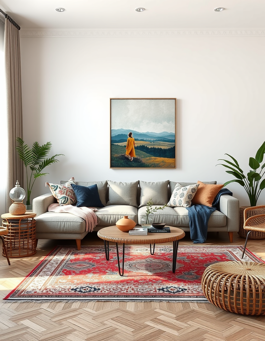Living Room Design idea: AI living room design, sofa layout decor and lighting, photorealistic interior render, Bohème-Wohnzimmer mit Makramee-Wandkunst, mehreren Teppichen un