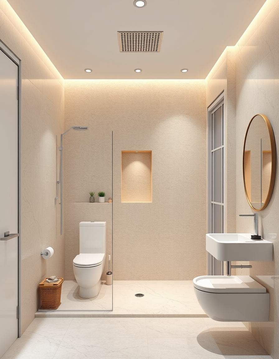 Interior Design idea: AI interior design, cohesive furniture layout decor and lighting, photorealistic interior render, 84"×73" enclosed bathing area, 29" door, one-person