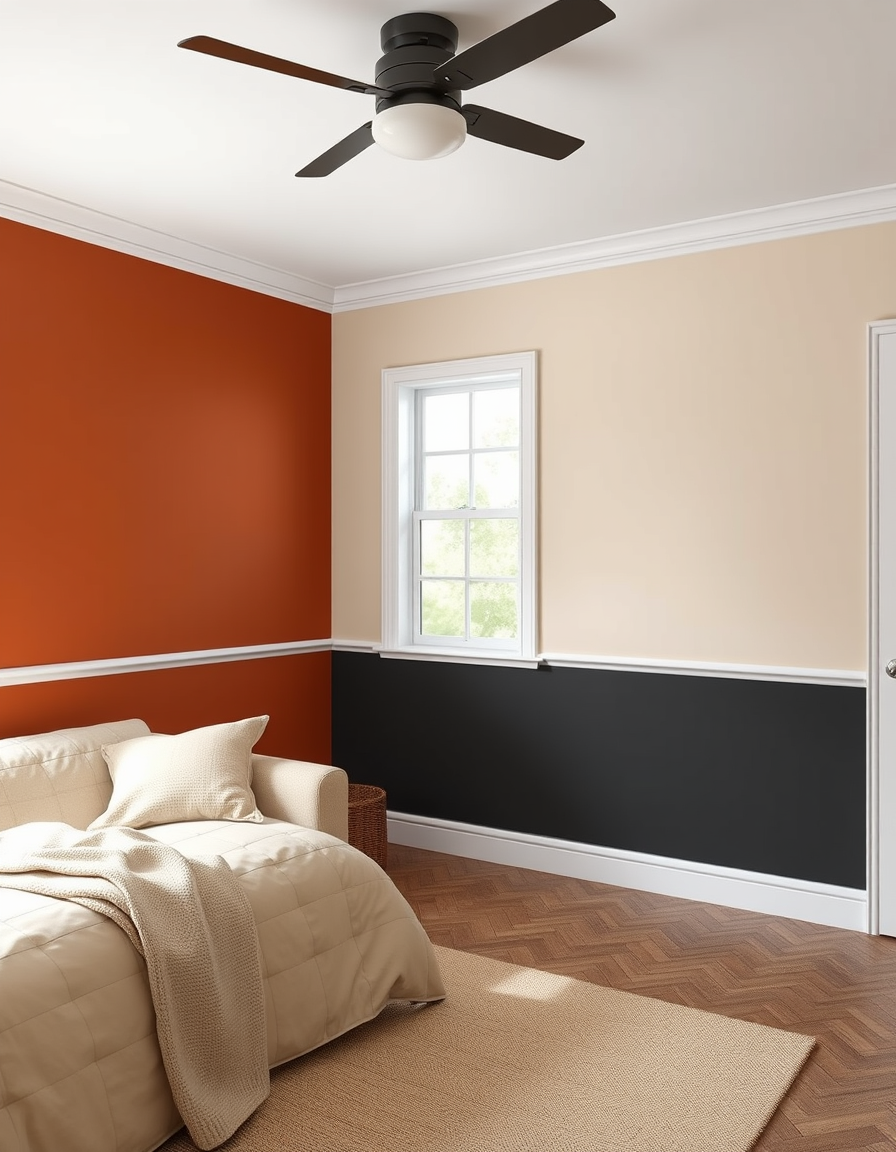 Paint Color idea: room repainted in a new wall color from the photo, accurate paint finish, photorealistic interior render, paint one wall rust and the remaining walls