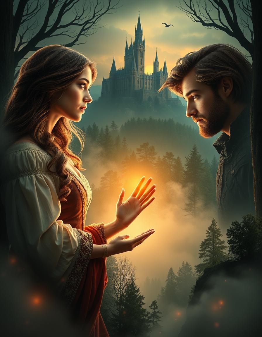 AI Painting prompt example created from the prompt: Create a medieval fantasy book cover showing a beautiful woman and a handsome man reaching toward each other but separated by a glowing anci