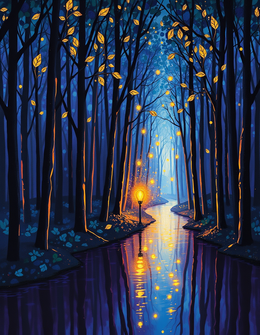 Wall Art idea: print-oriented artwork composed for a chosen room, frame ratio, and viewing distance, deliberate composition, A twilight forest with tall slender tree