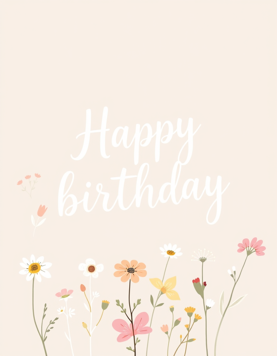 Birthday Cards idea: birthday card design, cheerful festive artwork, space for greeting, hand-lettered happy birthday with wildflowers, cottagecore aesthetic , printable b