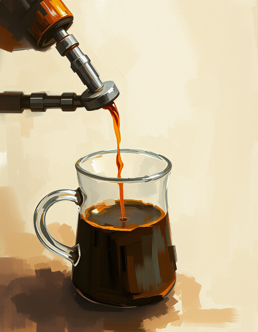 Main painting studio: impressionist coffee portafilter, loose visible brushstrokes.