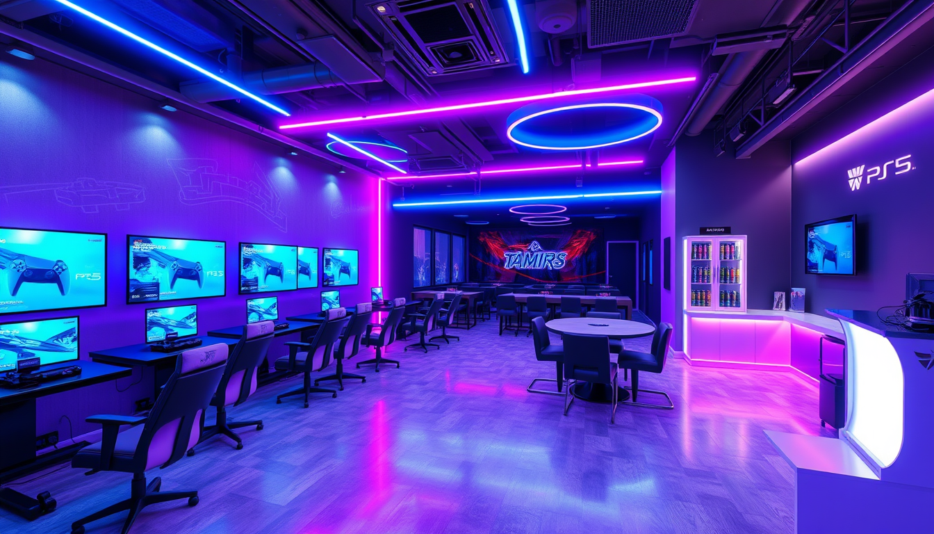 Room Design idea: AI room design, full room layout furniture and lighting, photorealistic interior render, Design a realistic 3D **TAHIRS GAMING CAFE (TFF)** with black
