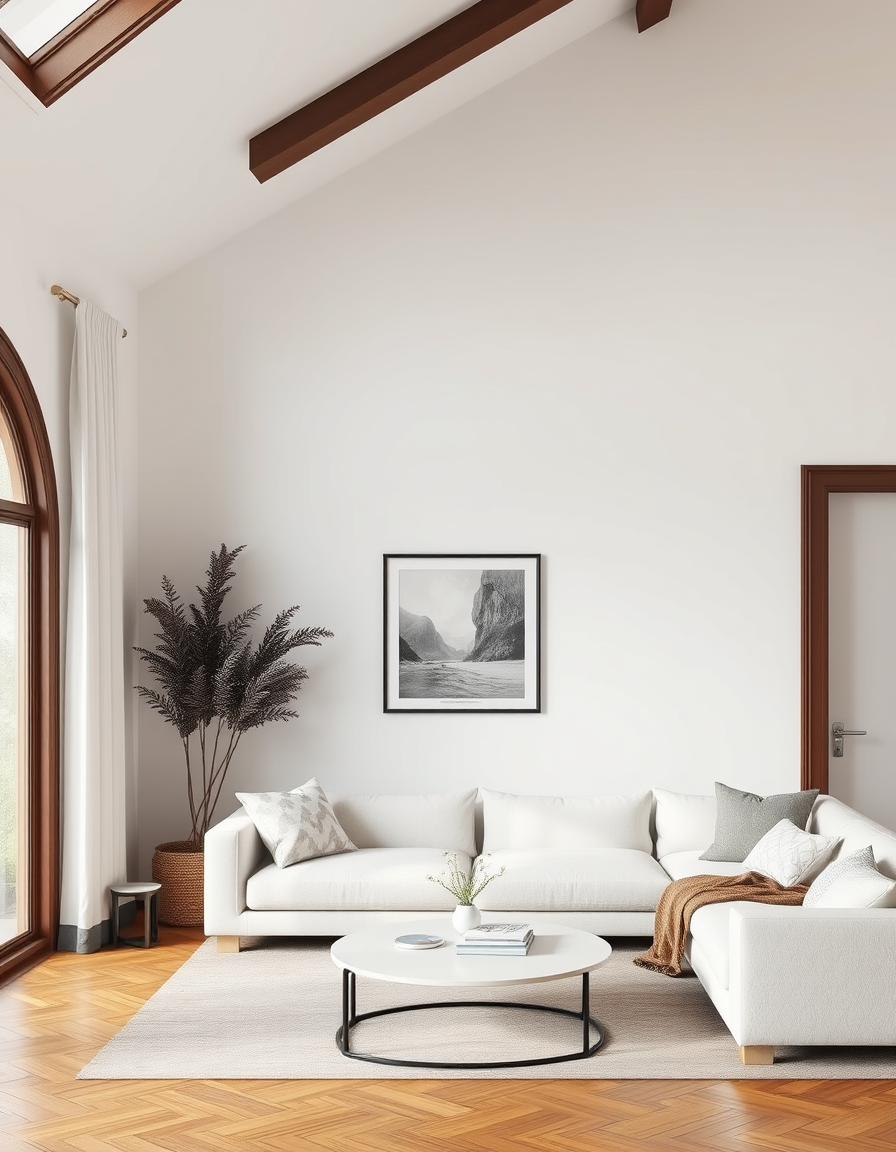 Paint Color idea: room repainted in a new wall color from the photo, accurate paint finish, photorealistic interior render, living room with white walls and dark brown 