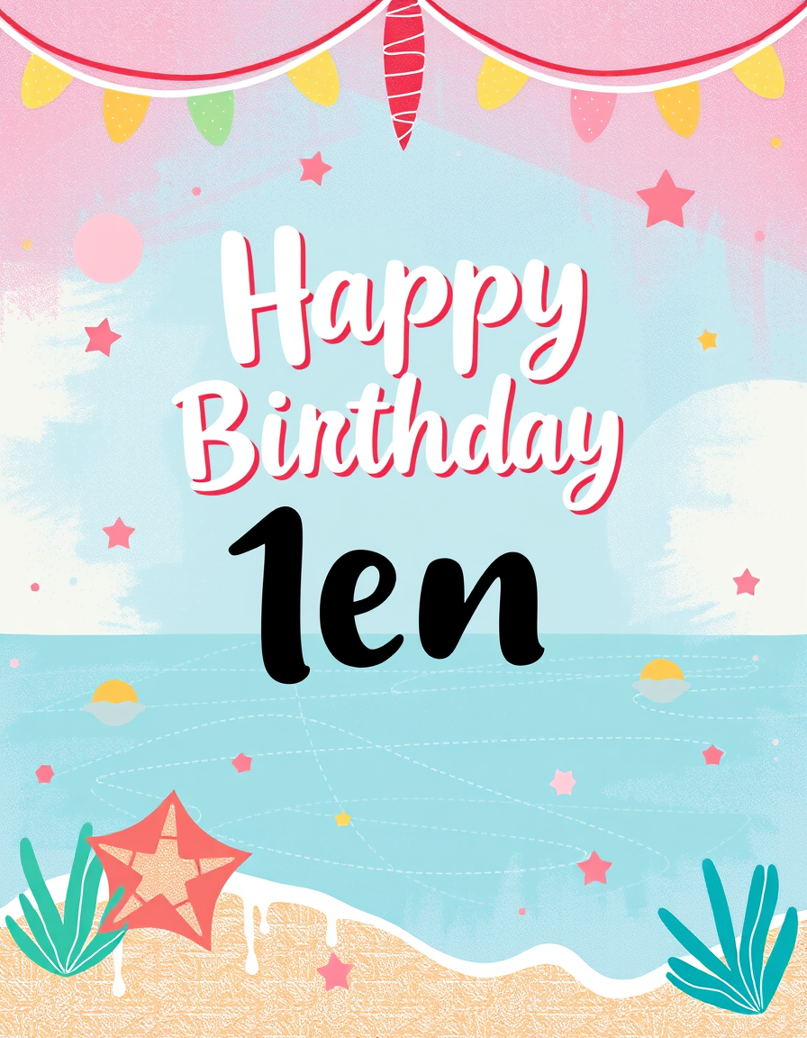 Birthday Cards idea: birthday card design, cheerful festive artwork, space for greeting, beach teen birthday cute , printable birthday card