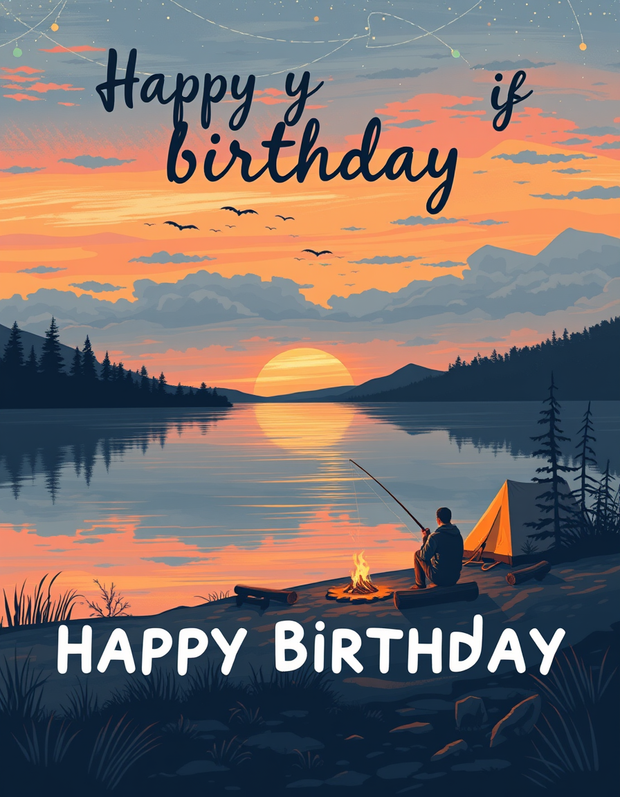 Birthday Cards idea: birthday card design, cheerful festive artwork, space for greeting, a bithday card of a man fishing on the lake at sunset with a campsite visible on t
